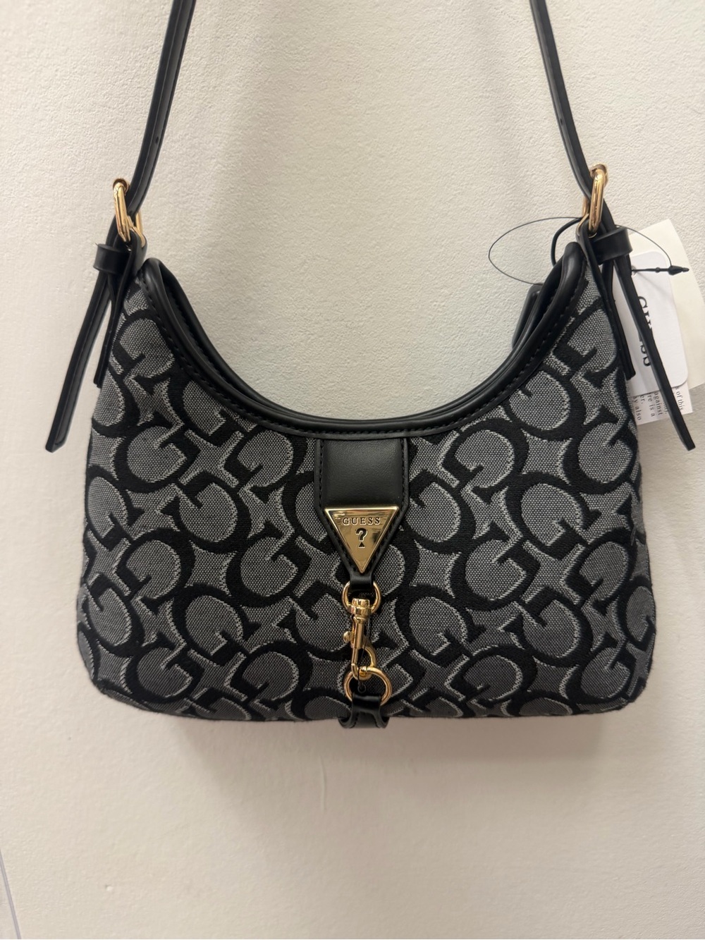 GUESS Black & Gray Signature Jacquard Shoulder Bag with Gold Hardware